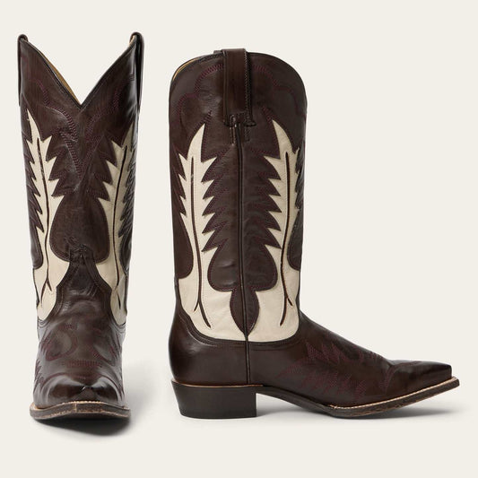 Women's Stetson Dani Boots handcrafted brown vintage cowboy boots with cream flame inlay and stacked heel