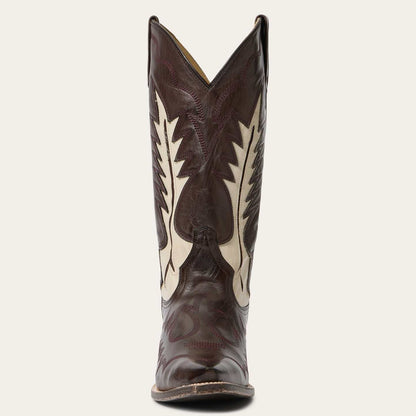 Women's Stetson Dani Boots handcrafted brown vintage leather cowboy boots with cream flame inlay and 13" shaft