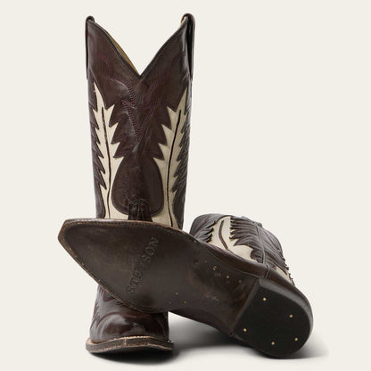 Women's Stetson Dani Boots handcrafted brown leather cowboy boots with cream flame inlay and 13-inch shaft