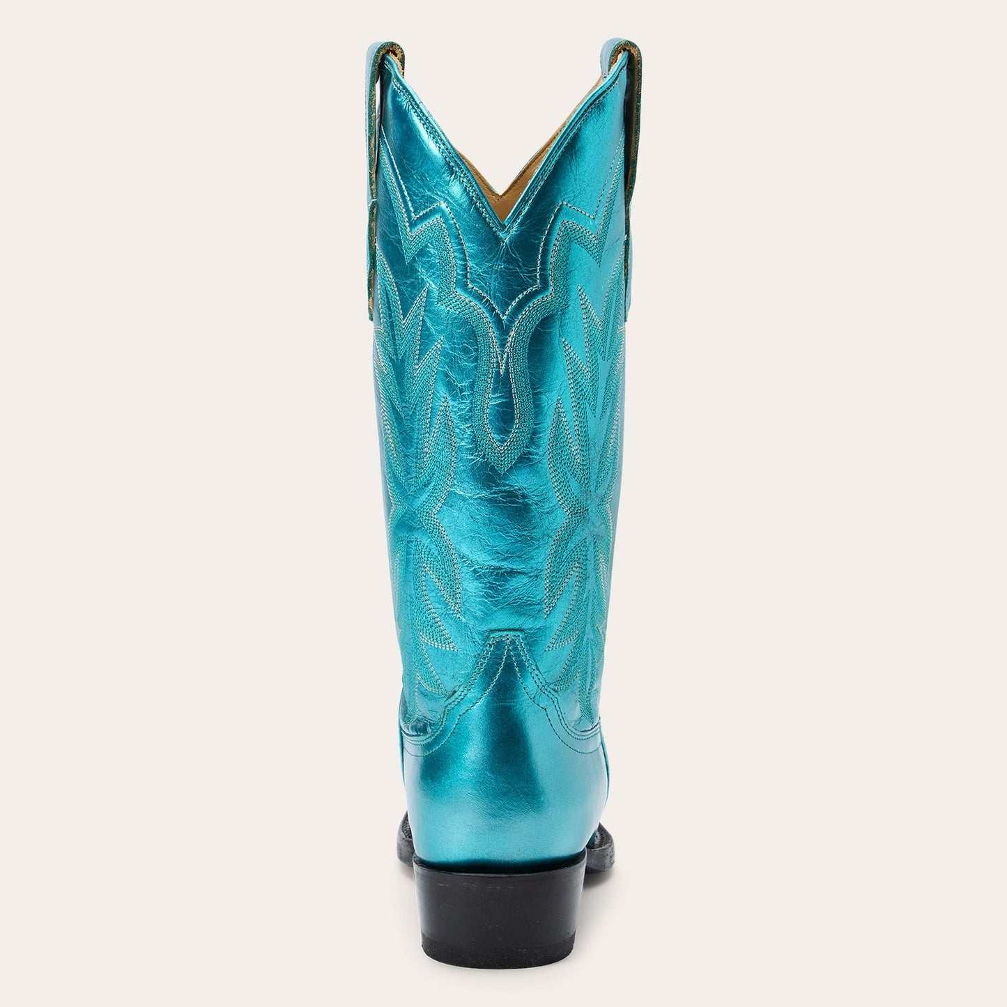 Women's Stetson Jolene green leather snip toe boots with unique embroidery and stacked heel