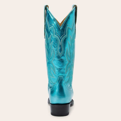 Women's Stetson Jolene green leather snip toe boots with unique embroidery and stacked heel