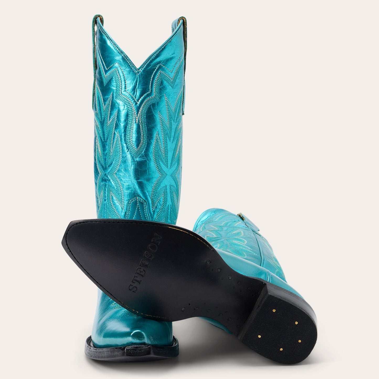 Women's Stetson Jolene Leather Boots in metallic green with snip toe and unique embroidery shaft