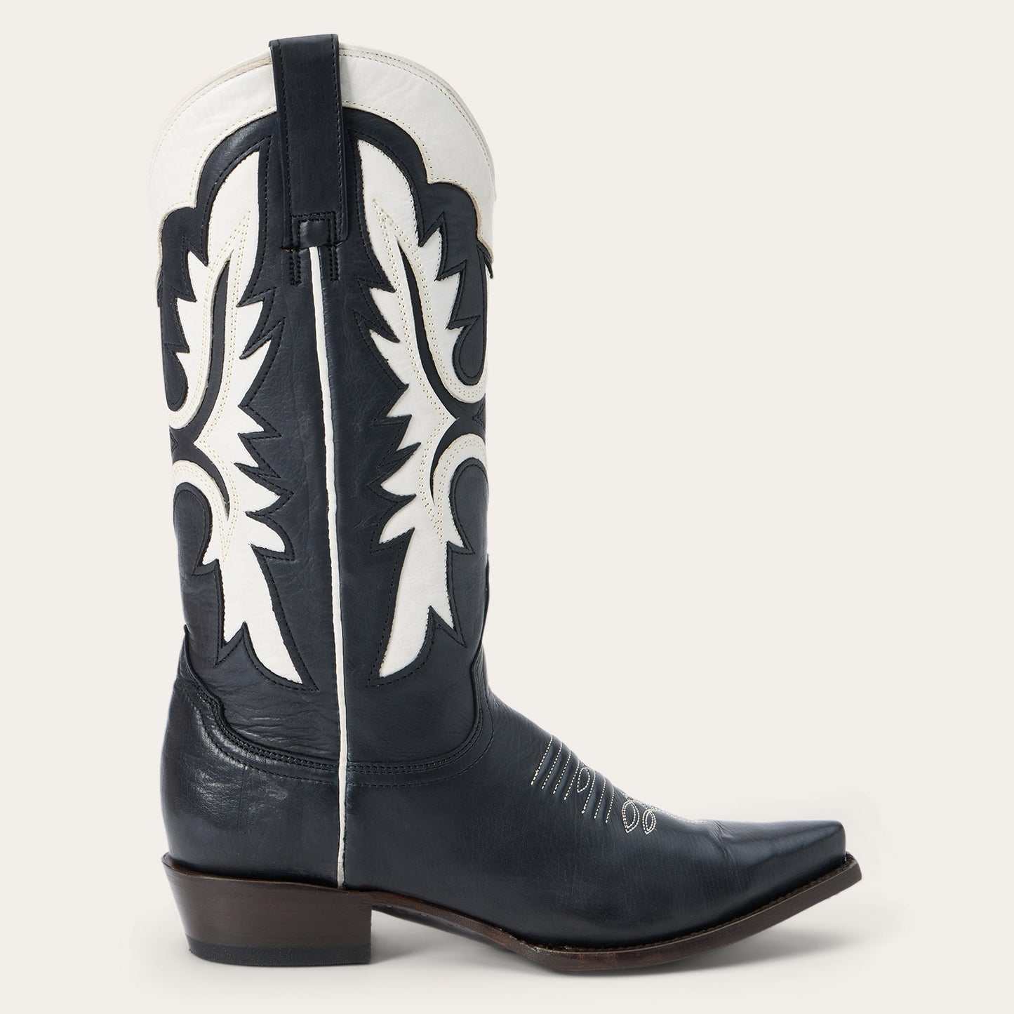 Women's Stetson Cheyenne black leather handcrafted snip toe cowboy boots with 13" shaft and cream flame underlay