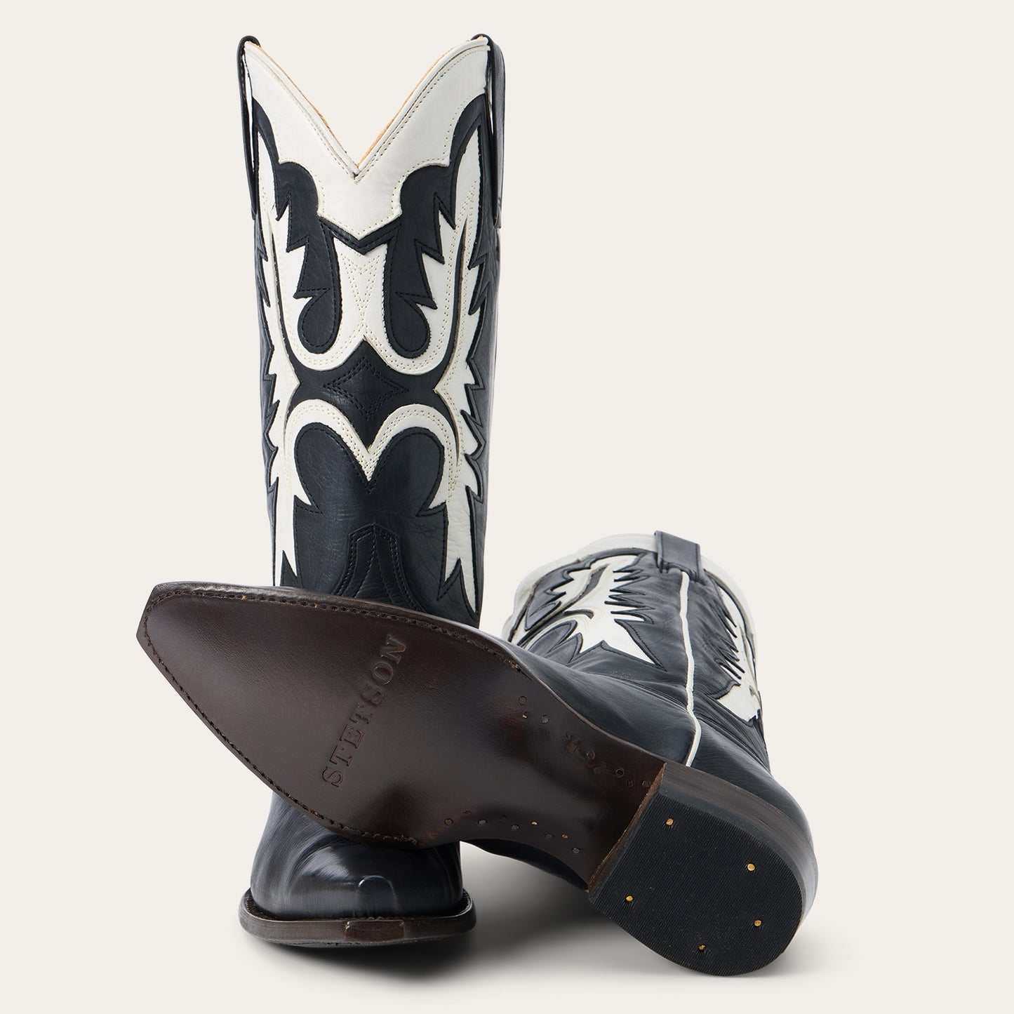 Women's Stetson Cheyenne handcrafted black leather cowboy boots with snip toe and cream flame underlay