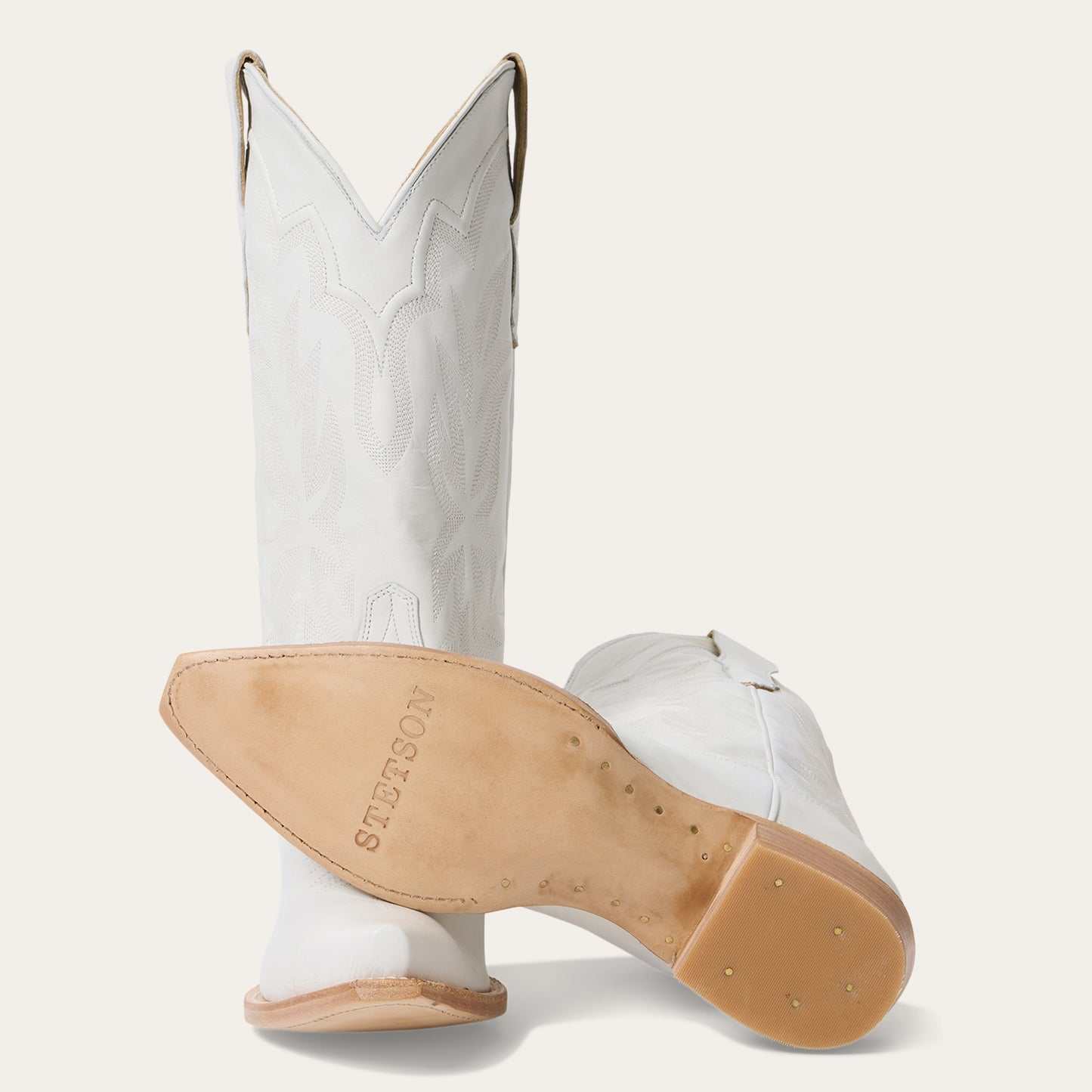Women's Stetson Casey white leather snip toe boots with unique shaft embroidery and stacked heel