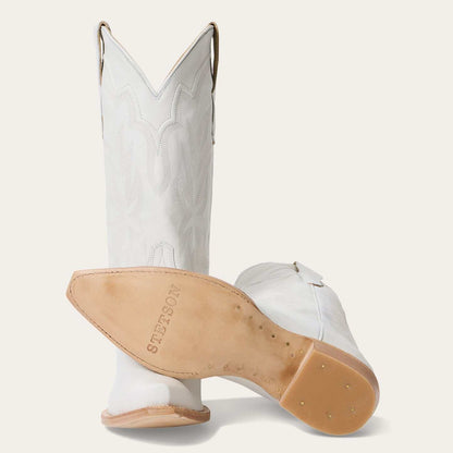 Women's Stetson Casey white leather snip toe boots with unique shaft embroidery and stacked heel