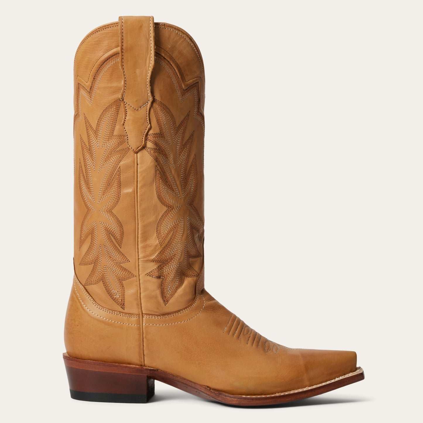Women's Stetson Casey handcrafted tan leather boots with unique embroidery and stacked heel
