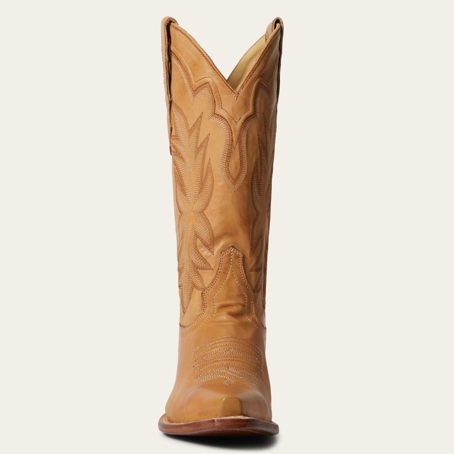 Women's Stetson Casey tan leather boots with unique embroidery and stacked heel