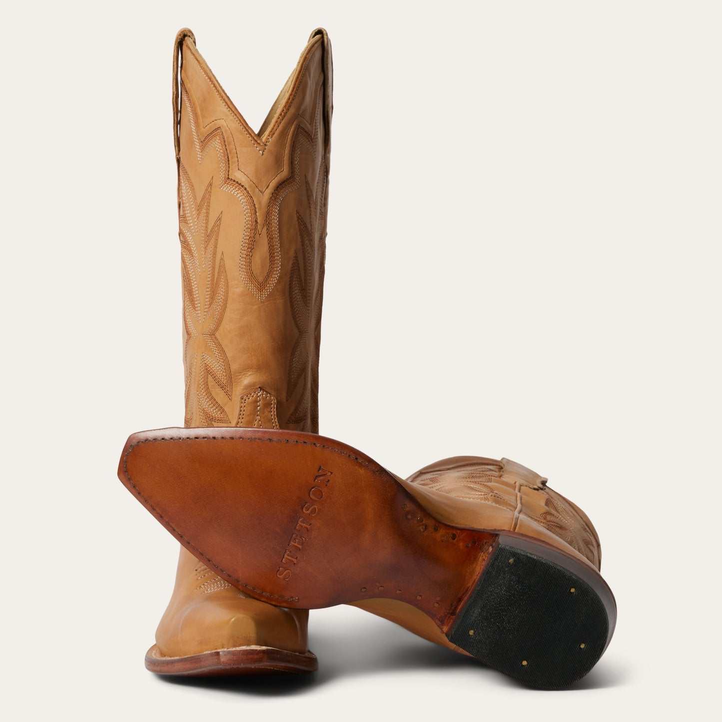 Women's Stetson Casey Leather Boots in tan with embroidered shaft and snip toe design