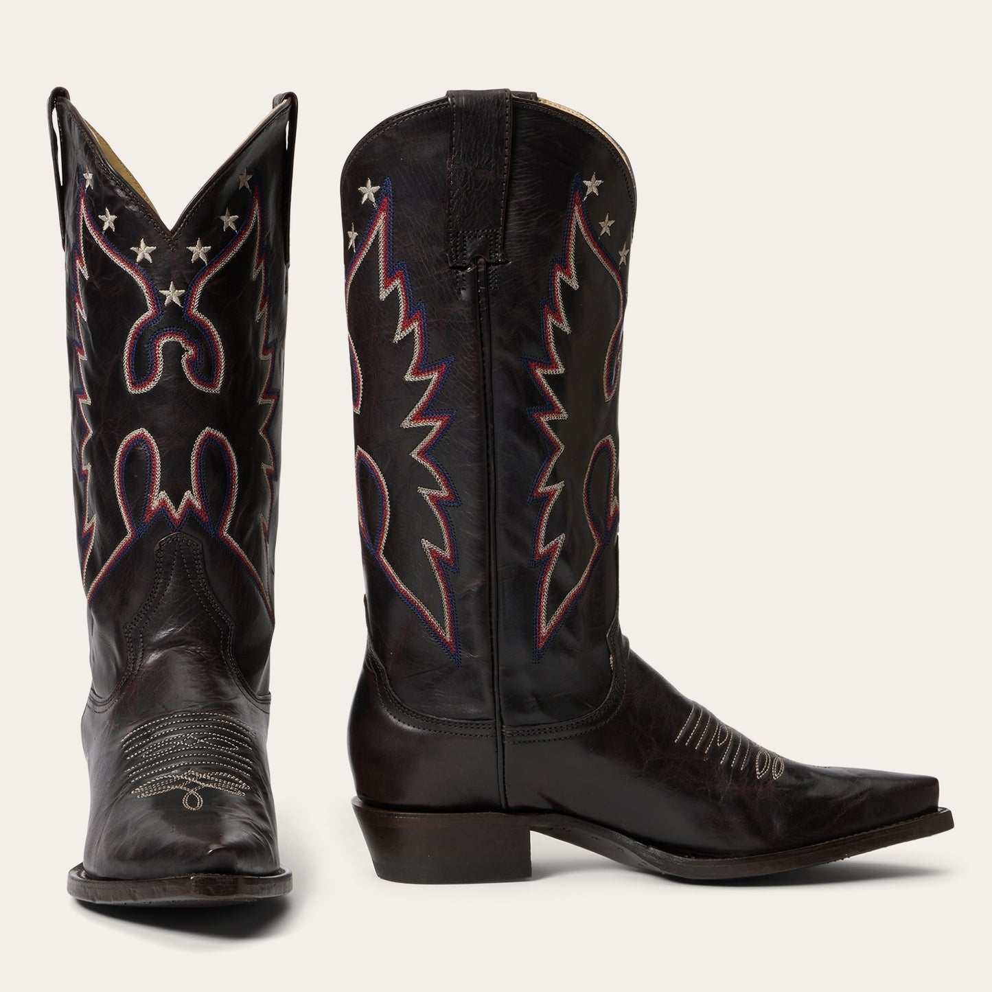 Women's Stetson Reagan handcrafted chocolate leather cowboy boots with snip toe and vintage stitching