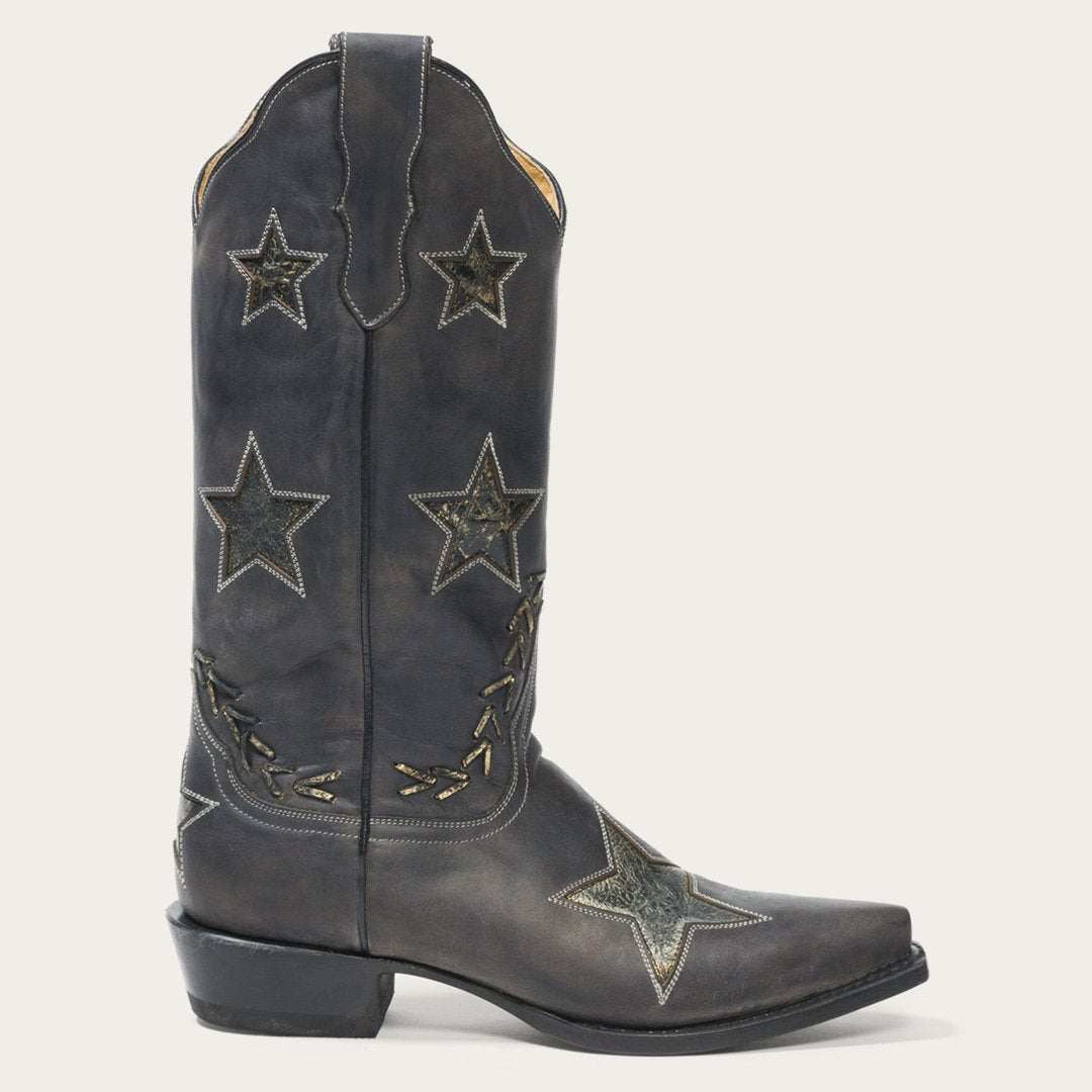 Women's Stetson Star Leather Boots handcrafted black distressed 13" shaft with gold star underlays and snip toe design