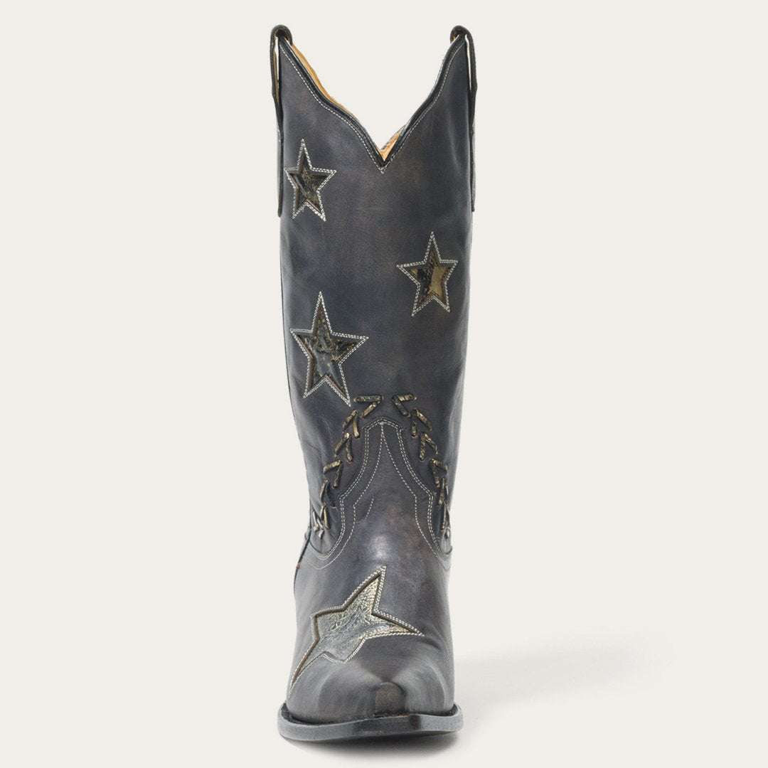 Handcrafted Women's Stetson Star Leather Boots in distressed black with gold star design and 13" shaft