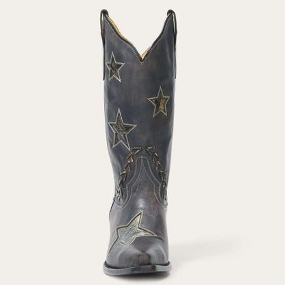 Handcrafted Women's Stetson Star Leather Boots in distressed black with gold star design and 13" shaft
