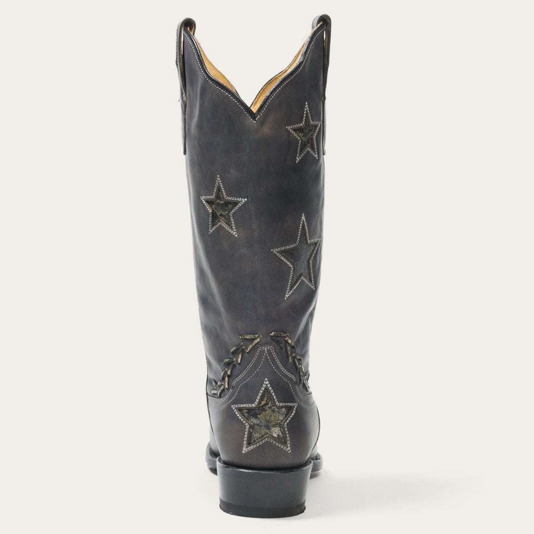 Women's Stetson Star Leather Boots handcrafted black distressed cowboy boots with gold star underlays and 13-inch shaft