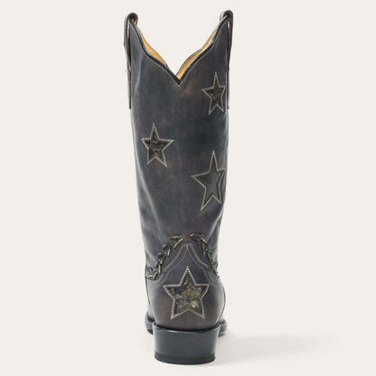 Women's Stetson Star Leather Boots handcrafted black distressed cowboy boots with gold star underlays and 13-inch shaft