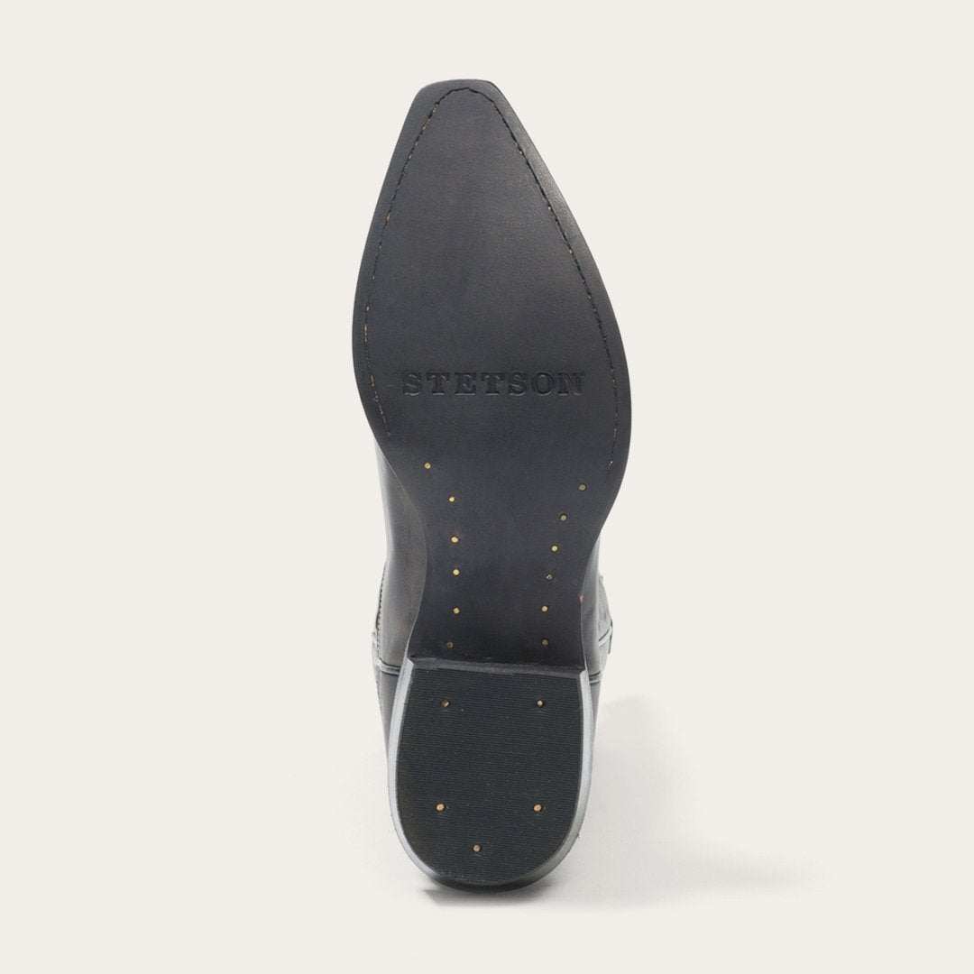 Handcrafted Women's Stetson Star Leather Boots in distressed black with gold star detail and 13" shaft