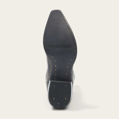 Handcrafted Women's Stetson Star Leather Boots in distressed black with gold star detail and 13" shaft