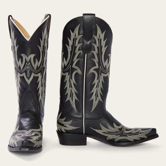 Women's Stetson Tina black handcrafted snip toe boots with flame pita embroidery and stacked heel