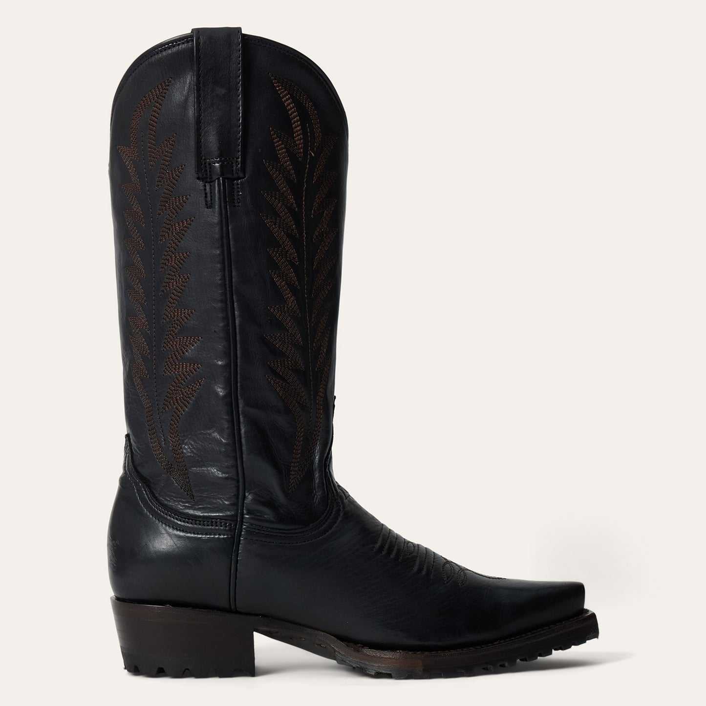 Women's Stetson Frankie black leather boots with snip toe and unique embroidery on 13" shaft