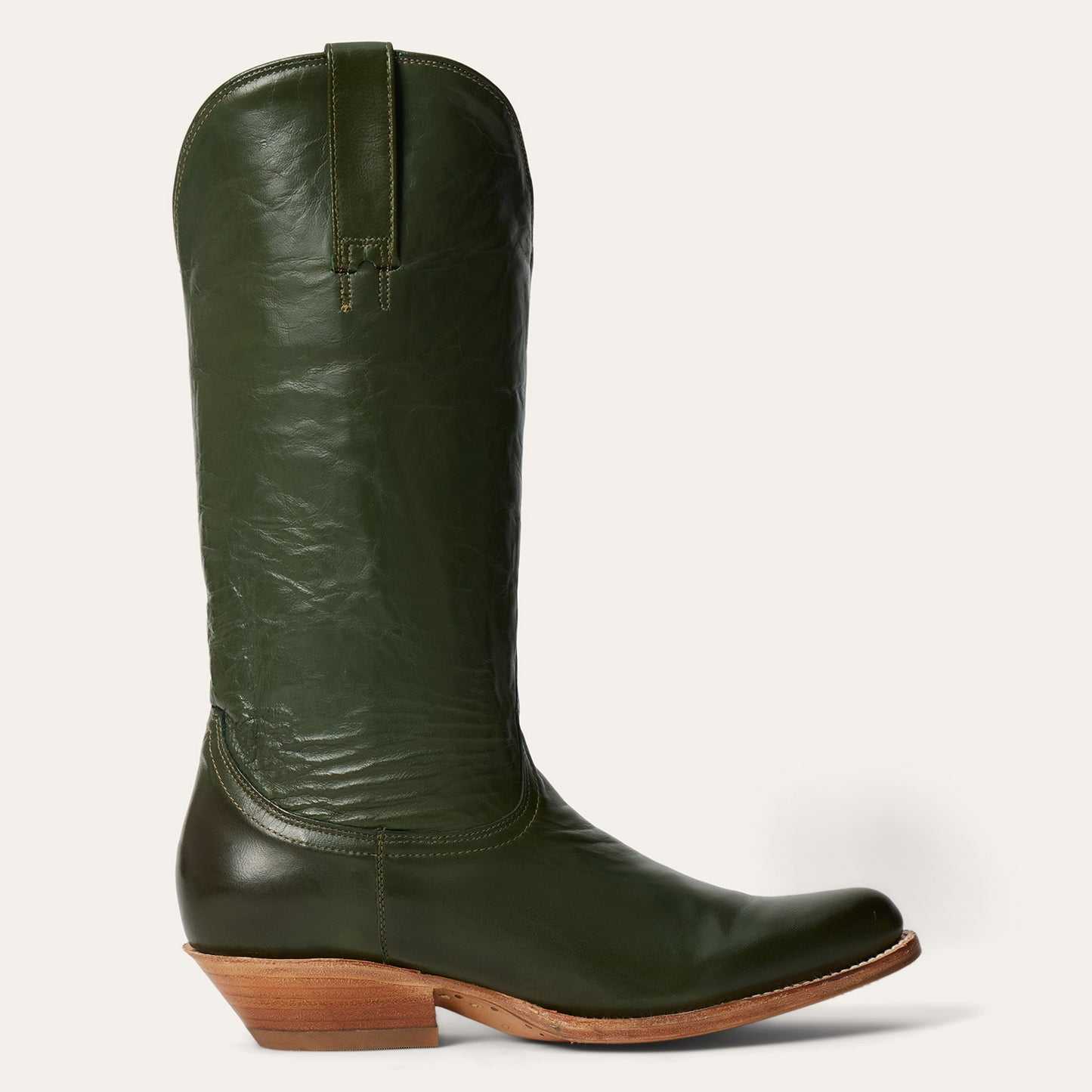 Women's Stetson Darby green leather cowboy boots with burnished vamp and 13-inch shaft