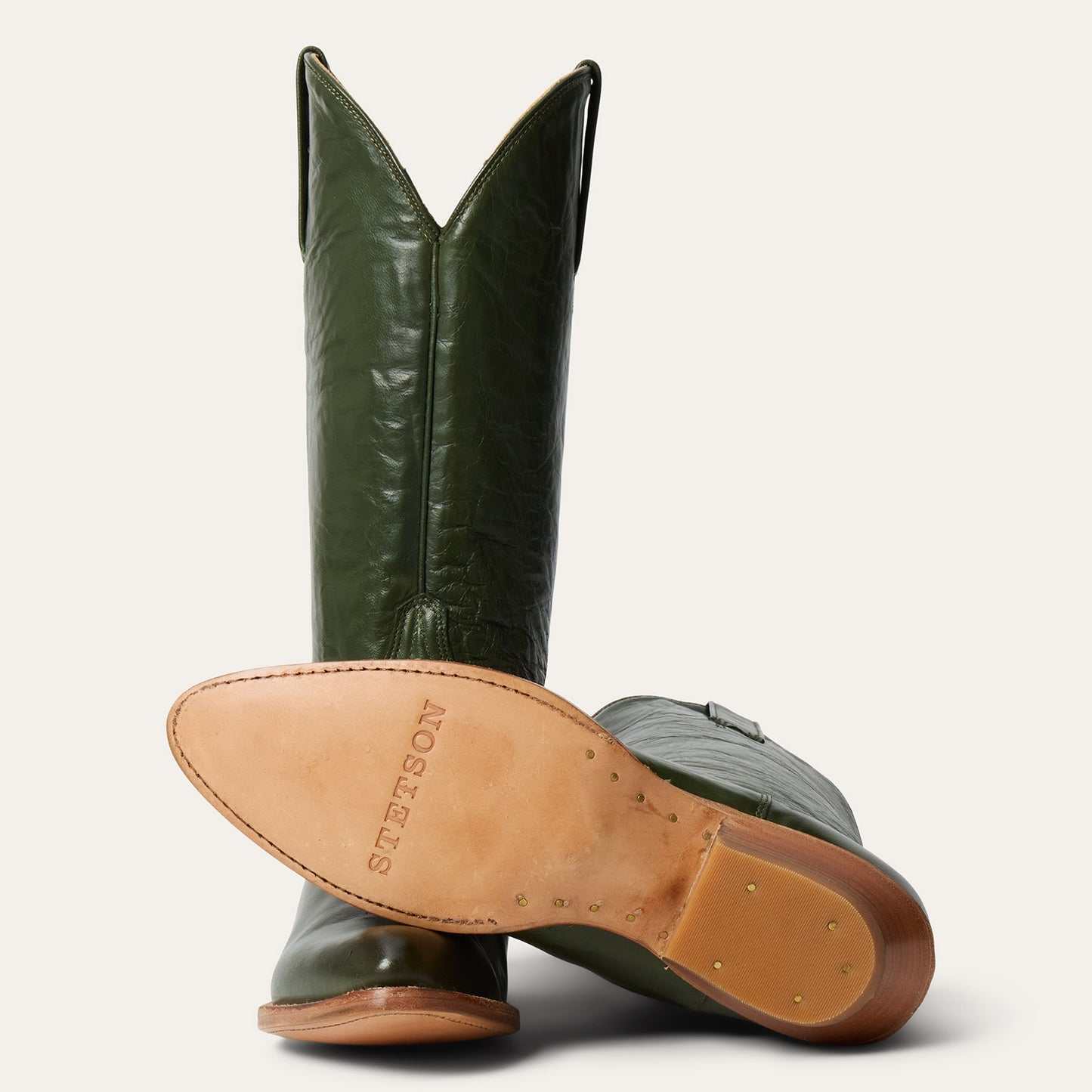 Green handcrafted Women's Stetson Darby leather cowboy boots with 13" shaft and snip toe