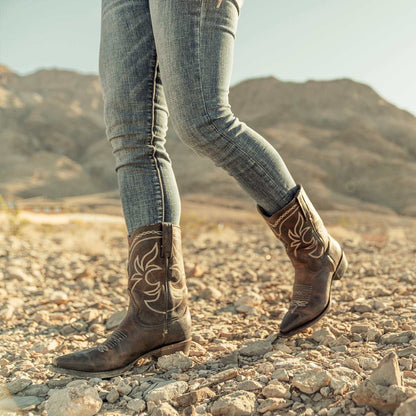 Women's Stetson Iris leather boots in brown with unique embroidery, snip toe, stacked heel, and cushioned leather insole