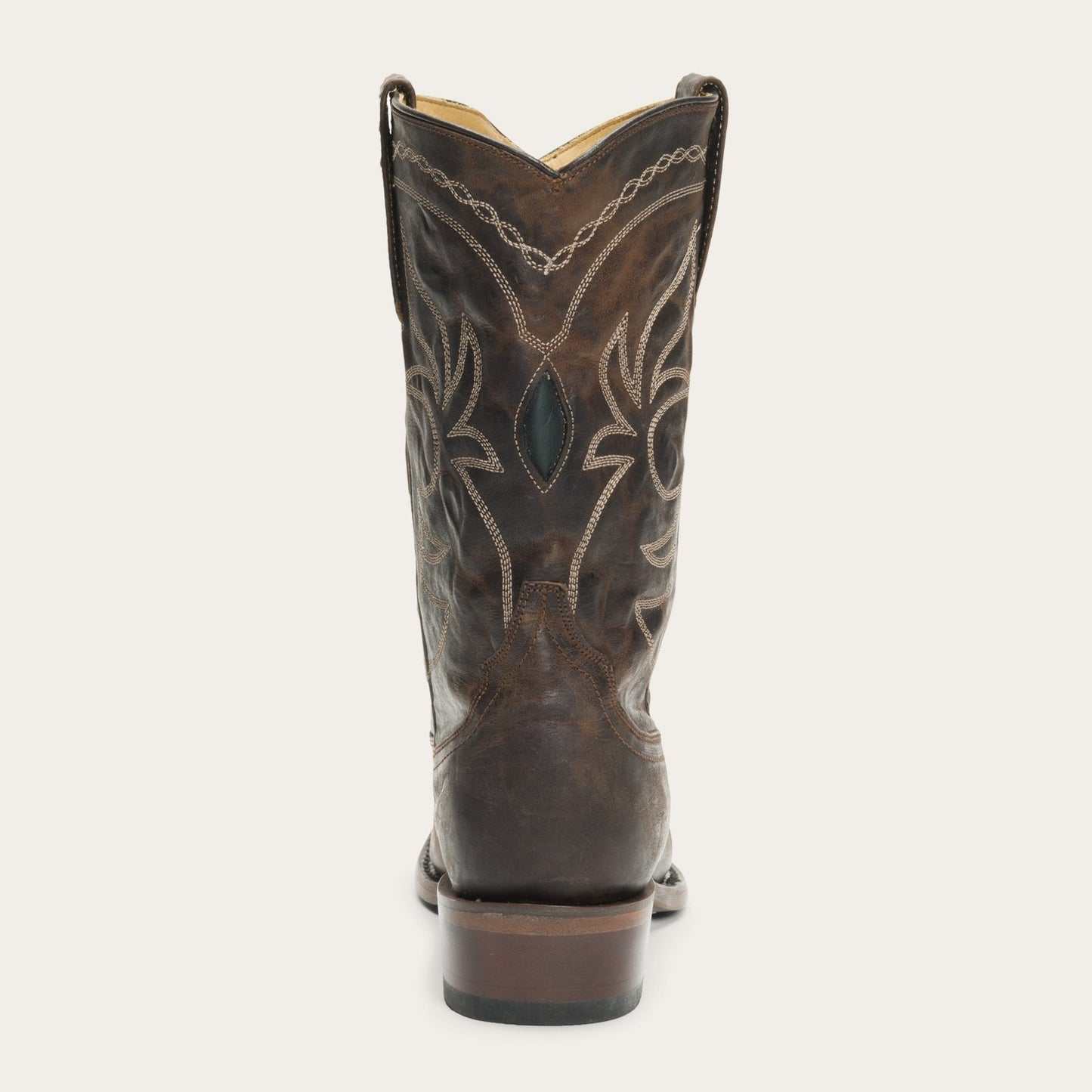 Women's Stetson Iris brown leather boots with 10" shaft, unique embroidery, snip toe, and stacked heel