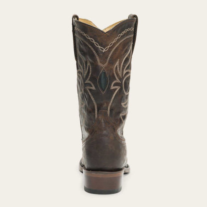 Women's Stetson Iris brown leather boots with 10" shaft, unique embroidery, snip toe, and stacked heel