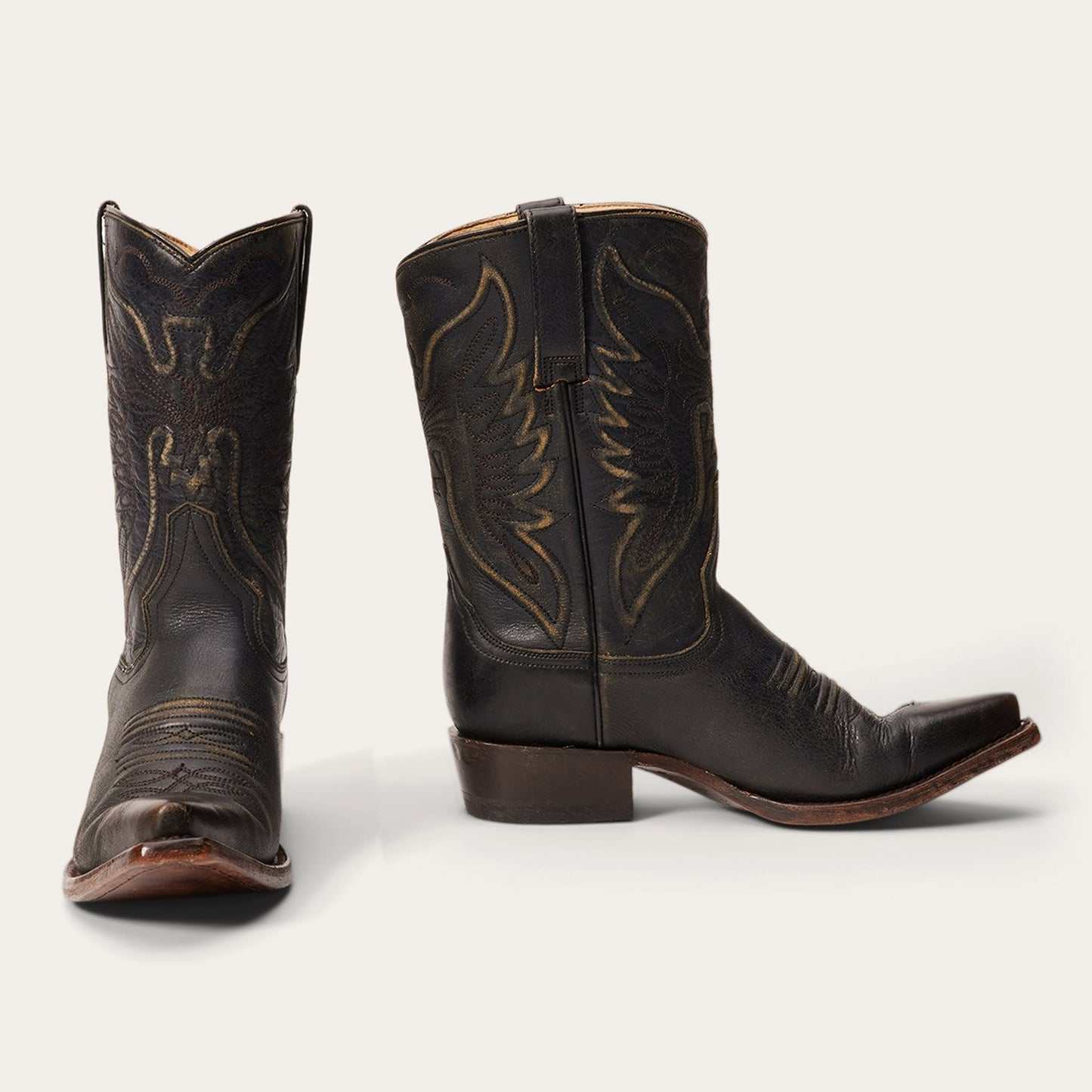 Women's Stetson Tate black leather boots with eagle design and stacked heel