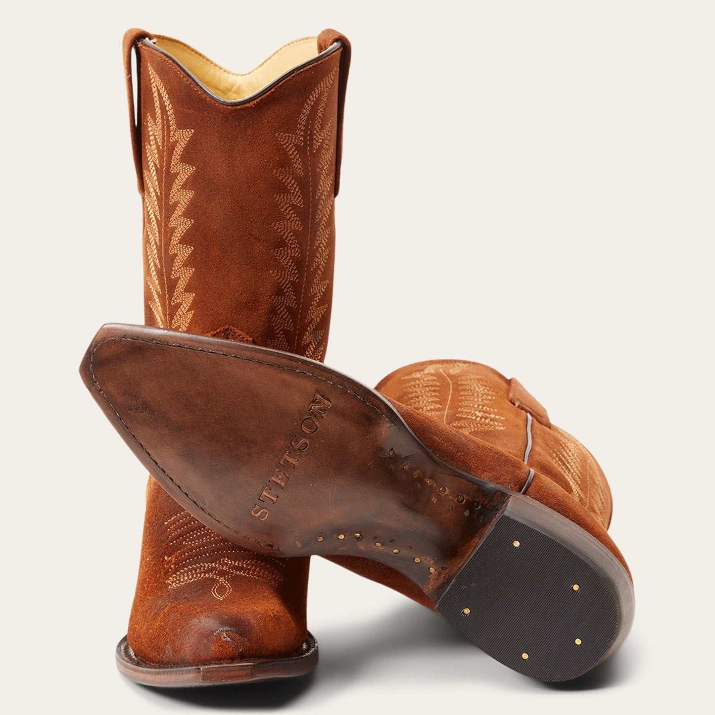 Women's Stetson Parker Suede Boots in brown with unique embroidery and stacked heel