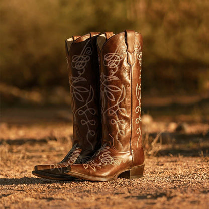 Women's Stetson Adeline handcrafted burnished brown knee high boots with snip toe and unique embroidery