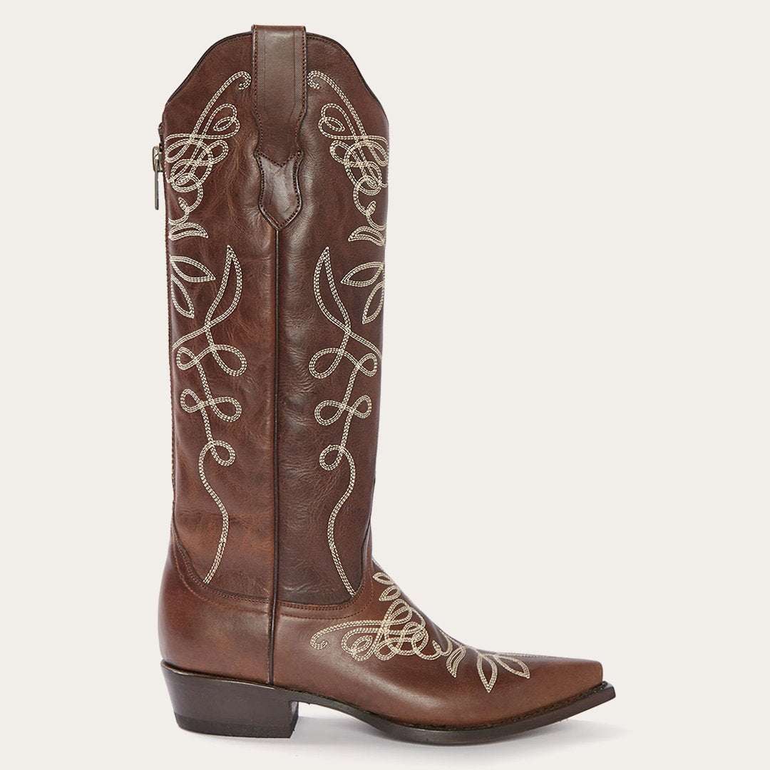 Women's Stetson Adeline handcrafted brown knee-high boots with snip toe and embroidery