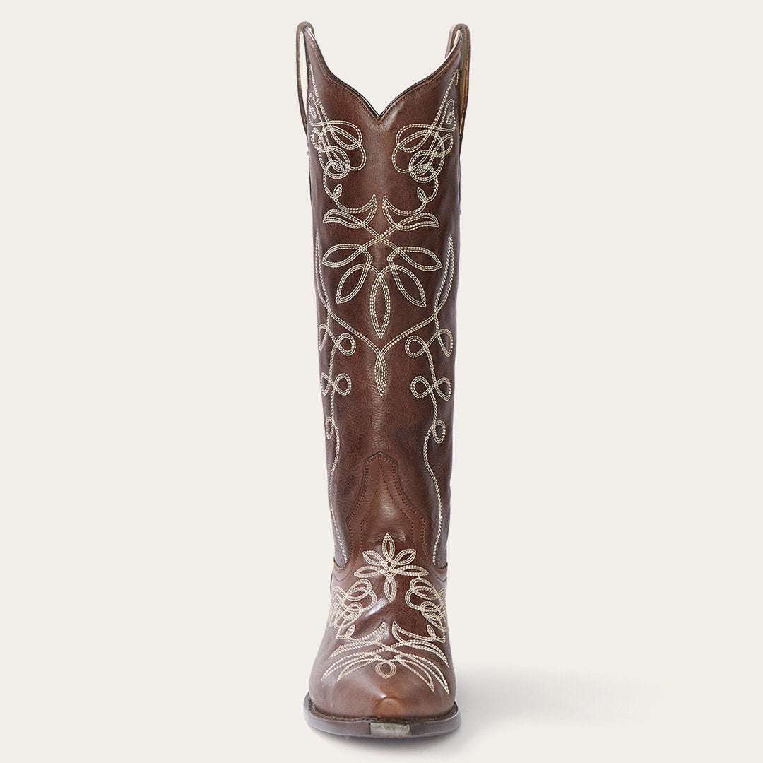 Women's Stetson Adeline handcrafted brown knee-high boots with snip toe and unique embroidery