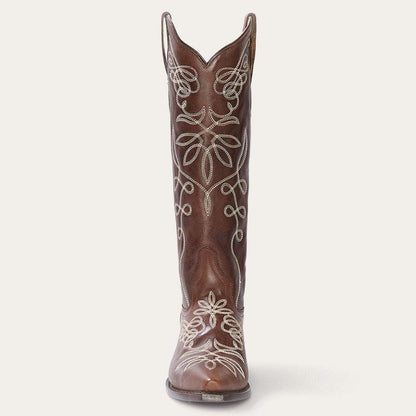 Women's Stetson Adeline handcrafted brown knee-high boots with snip toe and unique embroidery