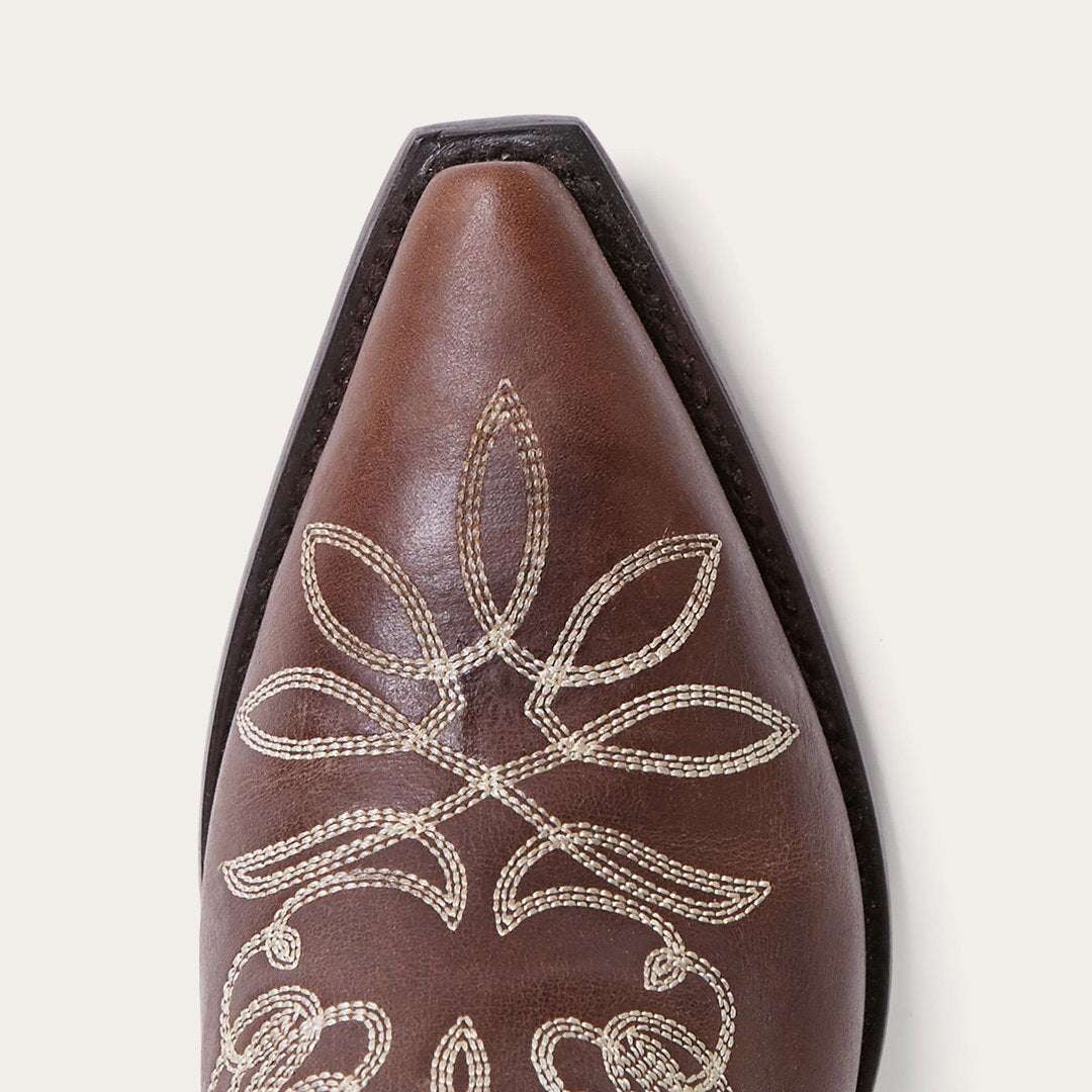 Women's Stetson Adeline handcrafted burnished brown knee high snip toe boots with unique embroidery and YKK zipper