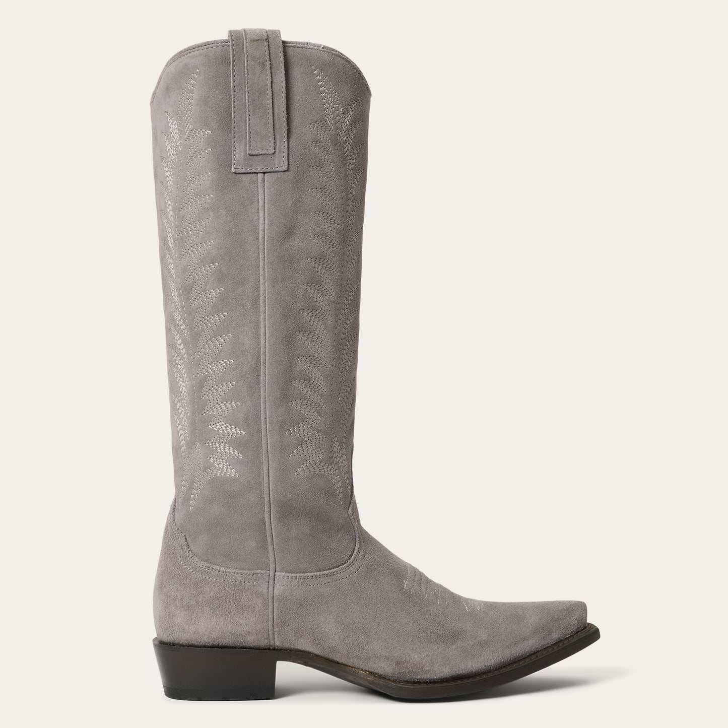 Women's Stetson Emme suede boots in gray with vintage embroidery and stacked heel