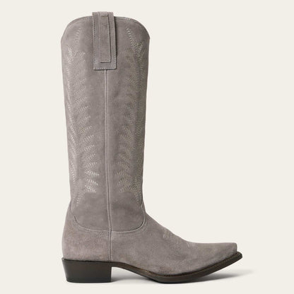 Women's Stetson Emme suede boots in gray with vintage embroidery and stacked heel