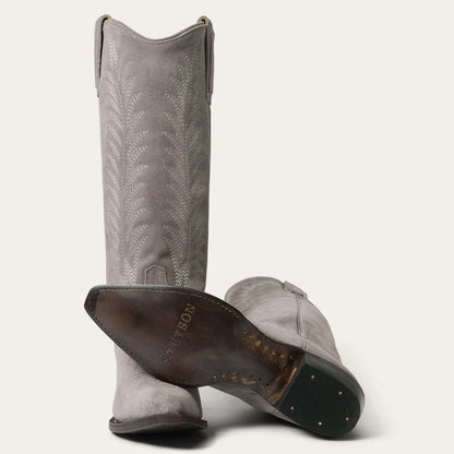 Women's Stetson Emme gray suede handcrafted cowboy boots with vintage embroidery and stacked heel