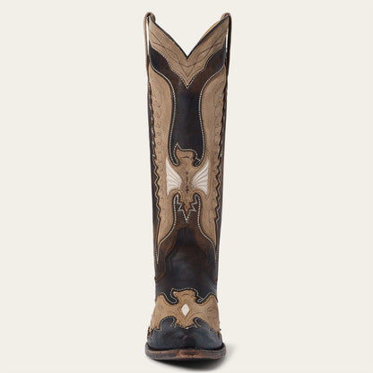 Women's Stetson Lottie leather boots brown with vintage eagle design and stacked heel