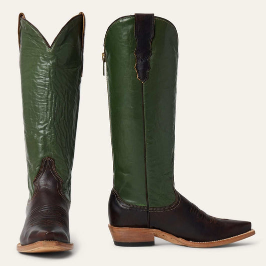 Women's Stetson Clover Leather Boots brown handcrafted snip toe with green goat shaft and stacked heel