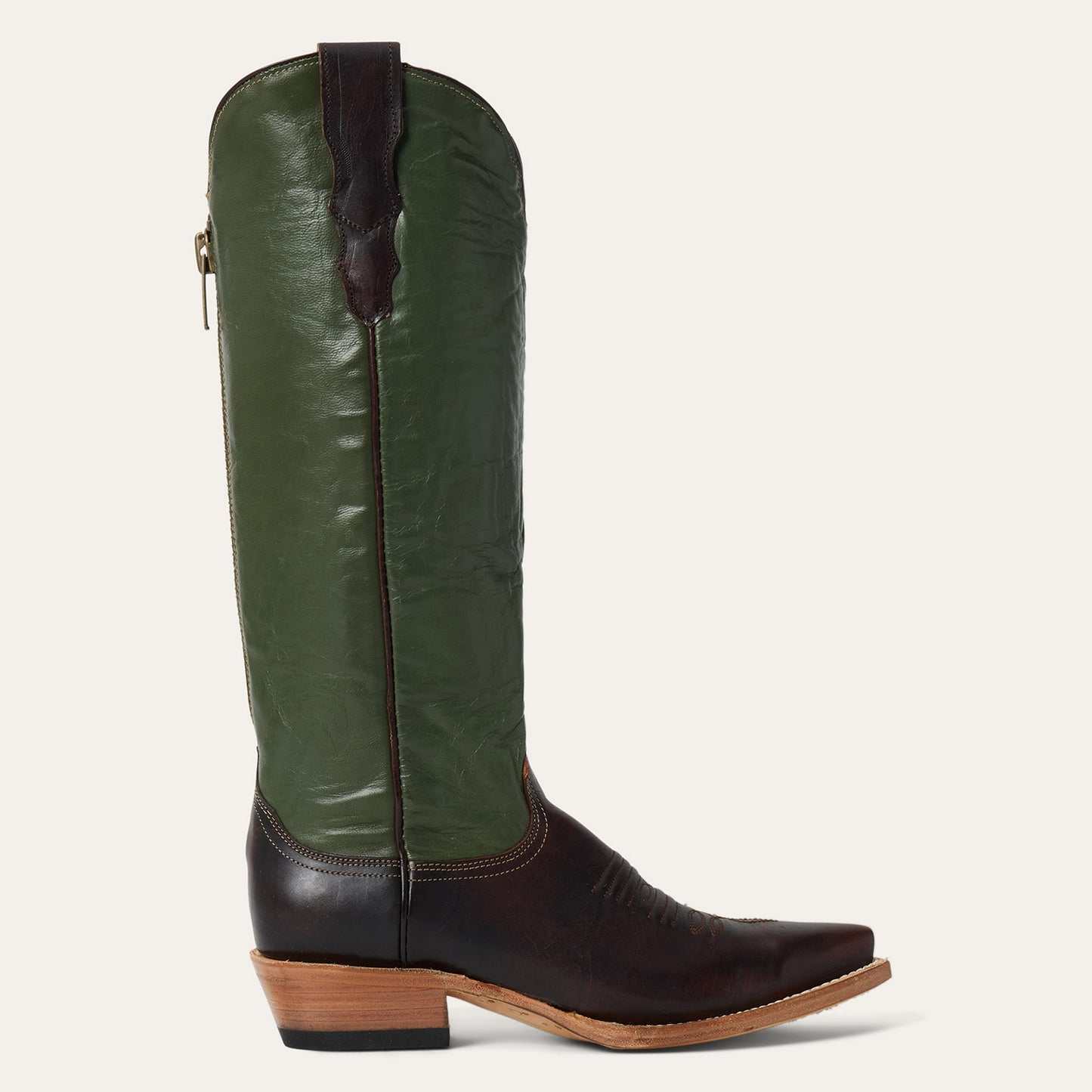 Women's Stetson Clover Leather Boots brown snip toe handcrafted with green goat shaft and stacked heel