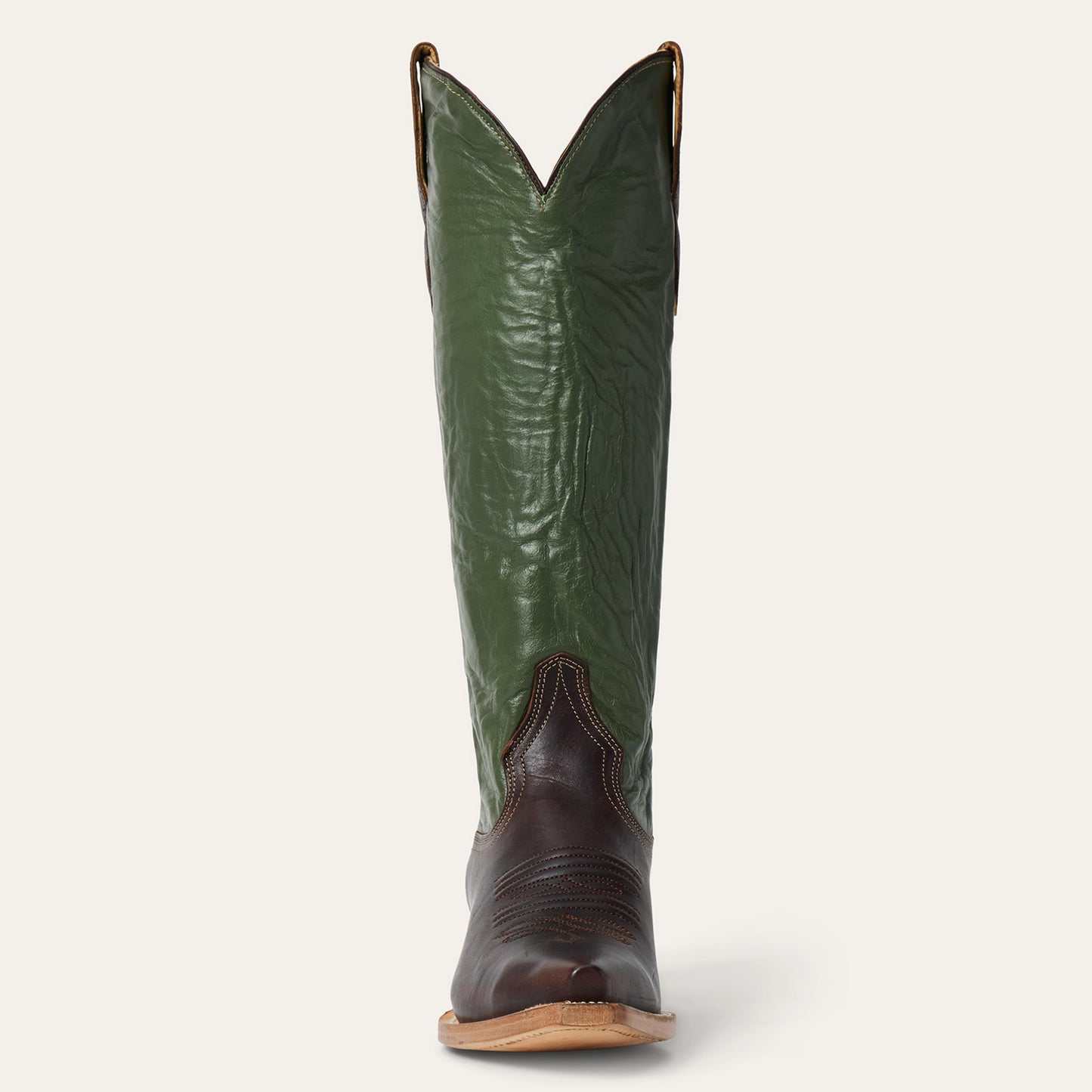 Women's Stetson Clover Leather Boots brown handcrafted snip toe with green goat shaft and stacked heel