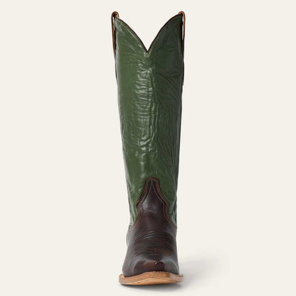 Women's Stetson Clover Leather Boots brown handcrafted snip toe with green goat shaft and stacked heel
