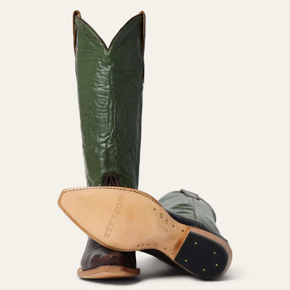 Women's Stetson Clover Leather Boots brown handcrafted snip toe with green goat shaft and stacked heel