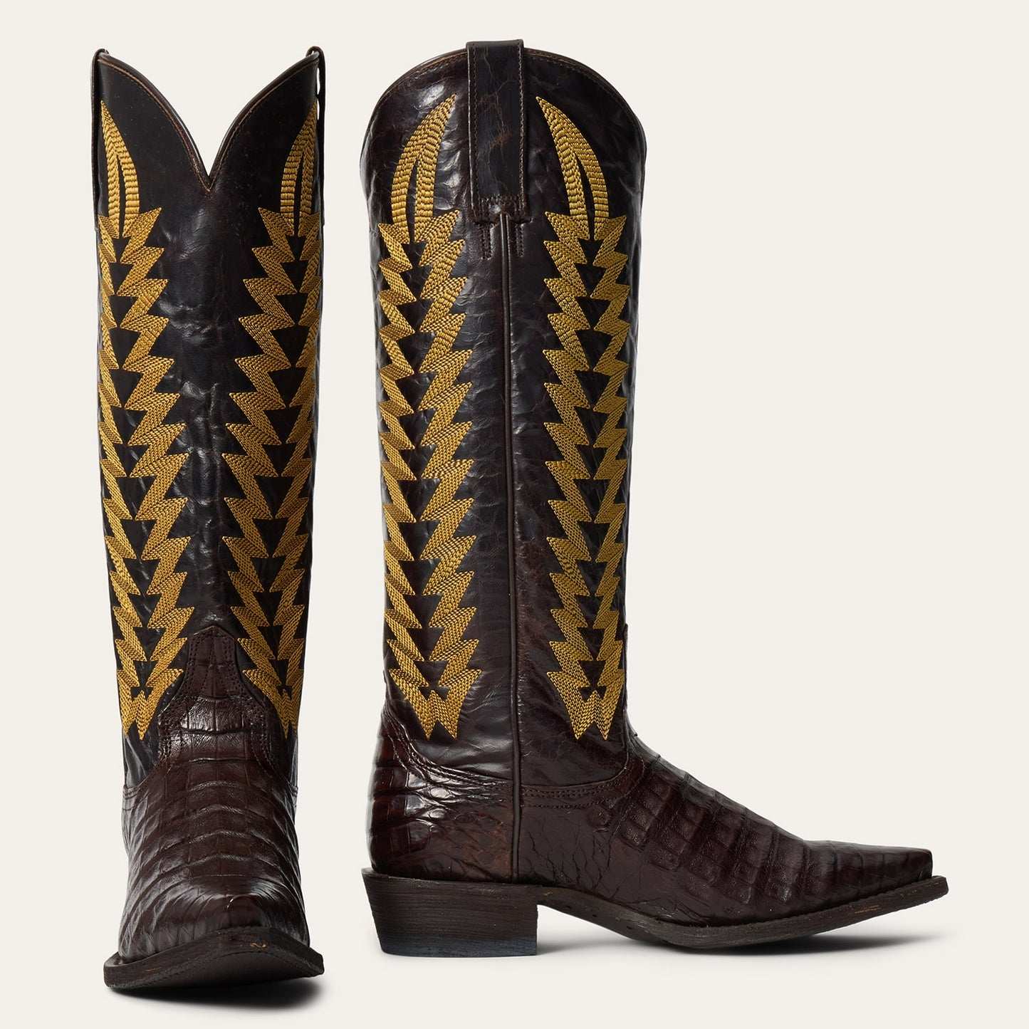 Women's Stetson Kenzie Caiman Boots handcrafted brown leather cowboy boots with chocolate caiman vamp and vintage flame stitch