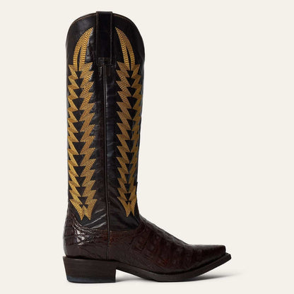 Women's Stetson Kenzie Caiman Boots handcrafted brown leather cowboy boots with vintage flame stitch