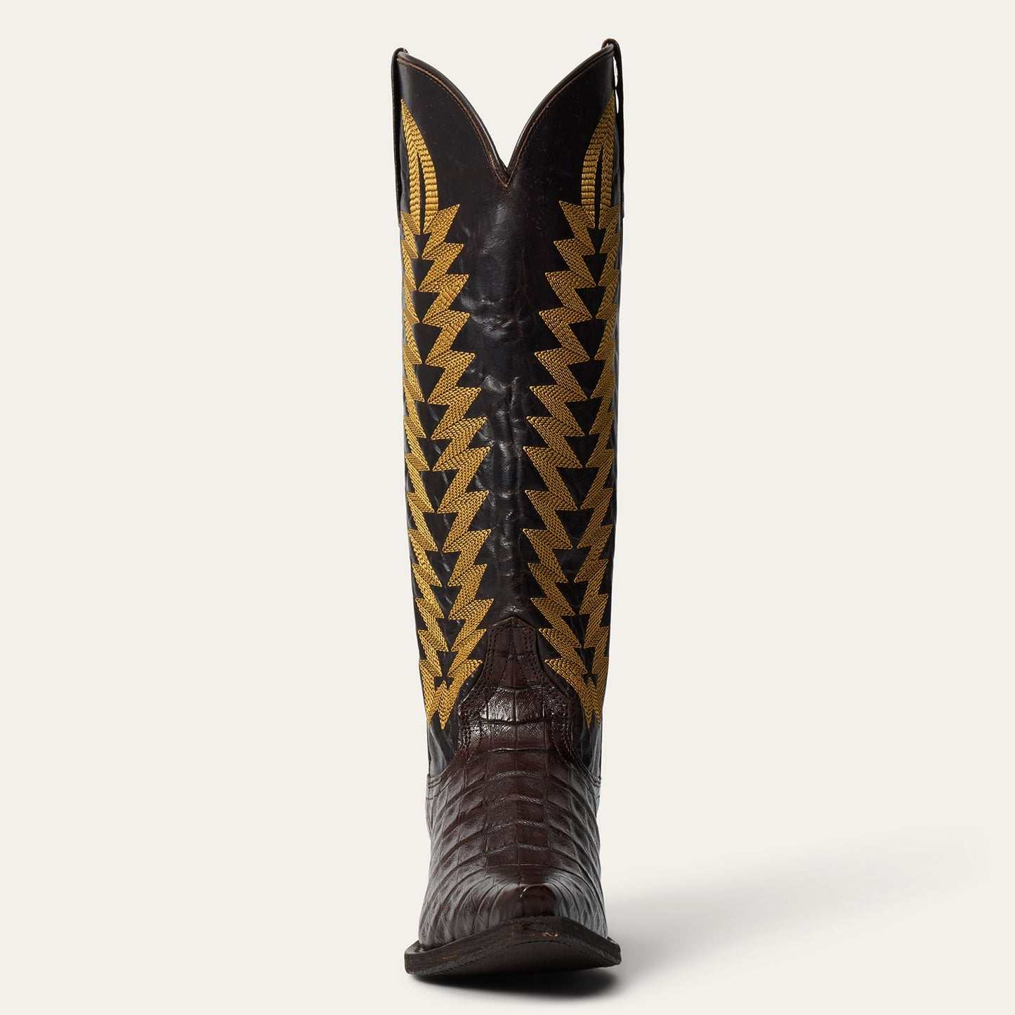 Women's Stetson Kenzie Caiman Boots handcrafted brown leather cowboy boots with vintage flame stitch and stacked heel