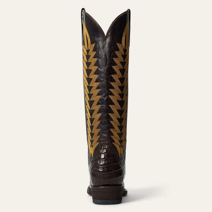 Women's Stetson Kenzie Caiman Boots handcrafted brown leather cowboy boots with vintage flame stitch and stacked heel