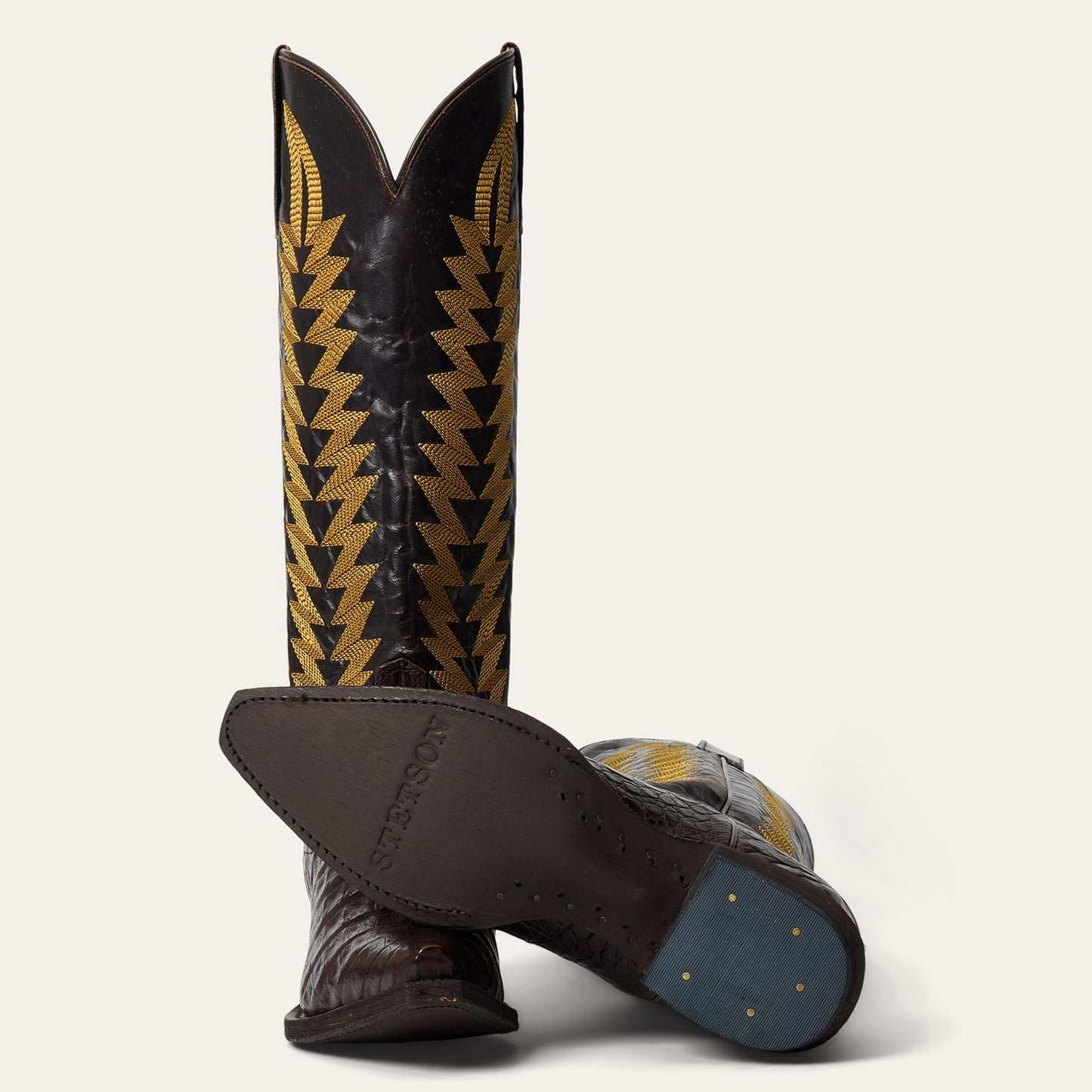 Women's Stetson Kenzie Caiman handcrafted brown cowboy boots with chocolate caiman vamp and vintage flame stitch