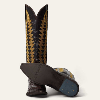 Women's Stetson Kenzie Caiman handcrafted brown cowboy boots with chocolate caiman vamp and vintage flame stitch